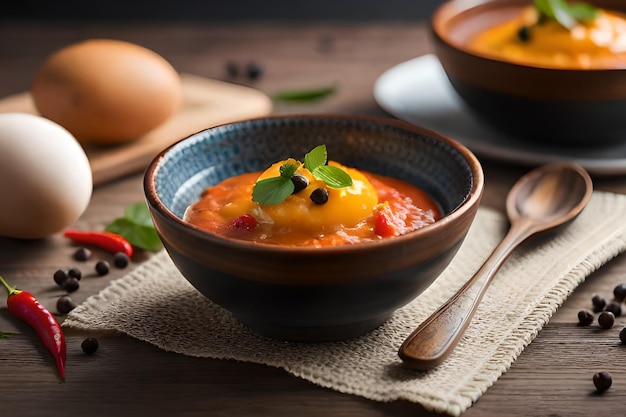 A bowl of tomato soup with a spoon and eggs on a table.