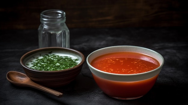 A bowl of tomato soup with a spoon next to it