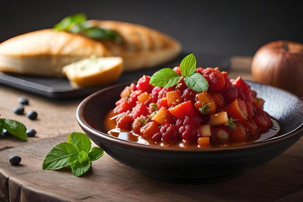 A bowl of tomato and tomato sauce with a bread on the side.