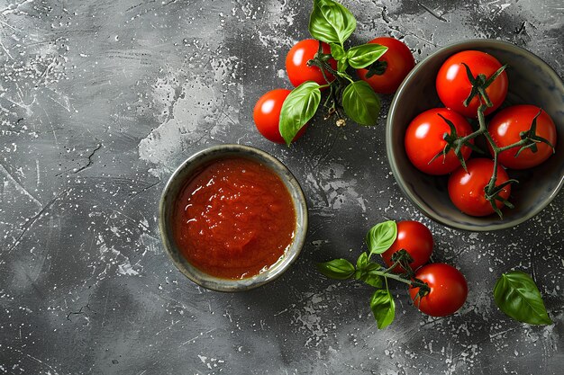 A bowl of tomatoes and a bowl of sauce on a table top with basil leaves and tomatoes on the side a