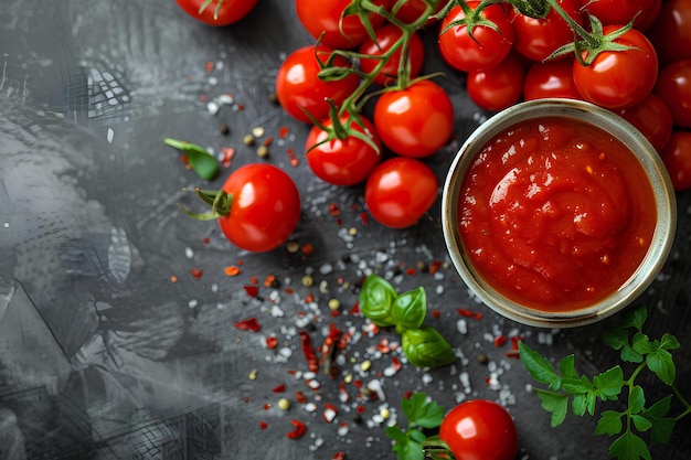 A bowl of tomatoes and some herbs on a table top with a spoon and a knife next to it professional