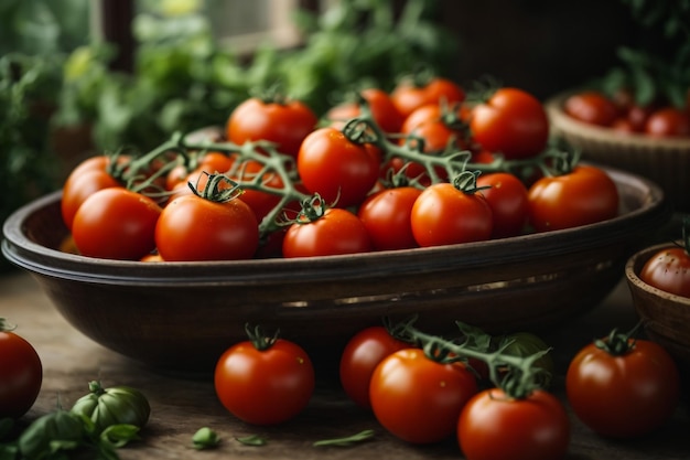 a bowl of tomatoes with a basket of tomatoes on the table