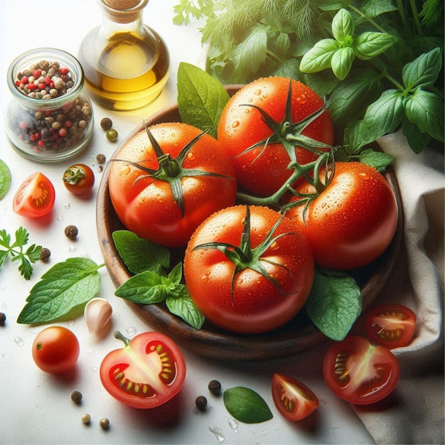 a bowl of tomatoes with a bottle of olive oil and a bottle of olive oil