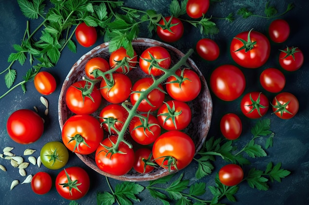 A bowl of tomatoes with a green leaf on the stem