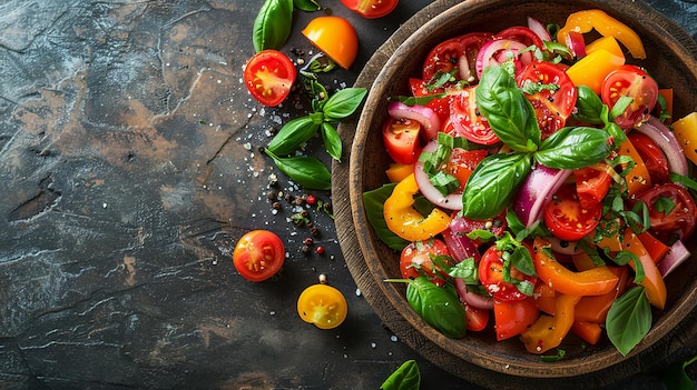 a bowl of tomatoes with tomatoes and basil