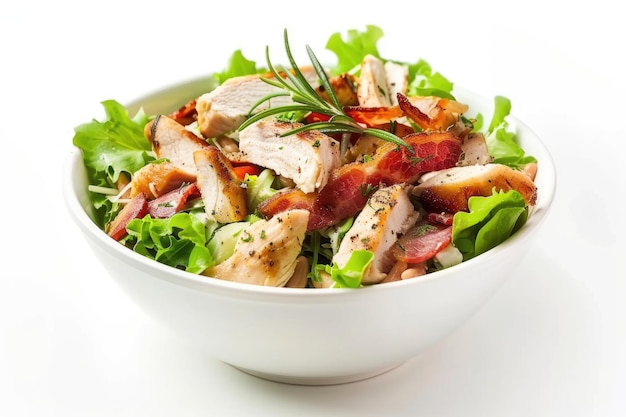 Bowl of Traditional Caesar Salad with Chicken and Bacon isolated on White Background