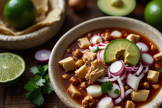 A bowl of traditional mexican pozole soup with lime radish and cilantro