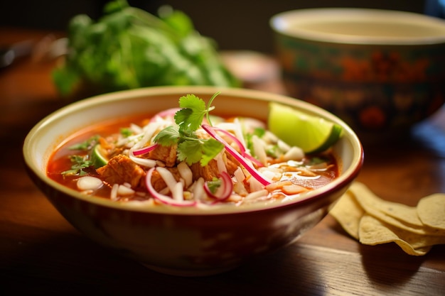 A bowl of traditional Mexican pozole soup with radish and cilantro Generative AI