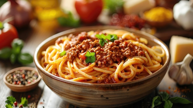 A bowl of Traditional Spaghetti Bolognese Garnished with Meat