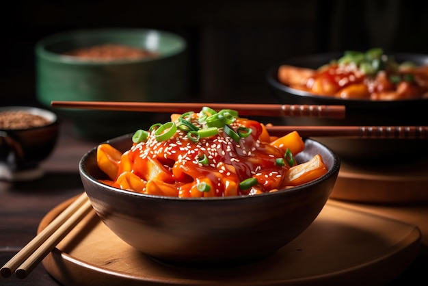 A bowl of Tteokbokki Korean food on a table with chopsticks AI generative