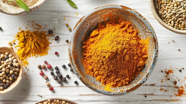 a bowl of turmeric is filled with spices and herbs