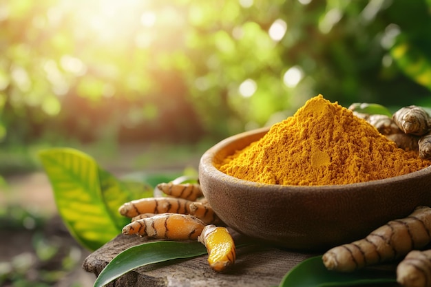 a bowl of turmeric is sitting on a table with leaves and a leaf in the background