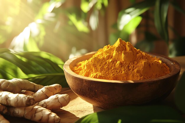 Photo a bowl of turmeric is sitting on a table