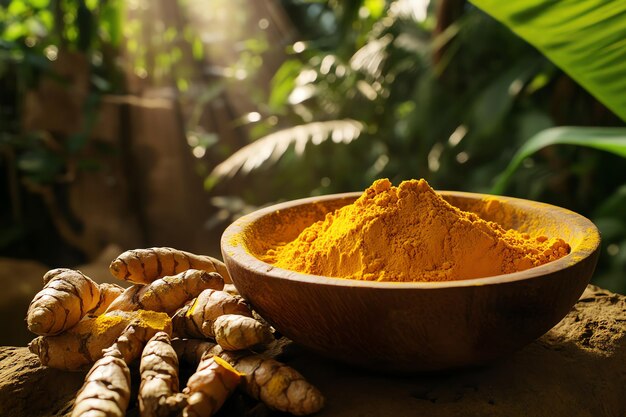 Photo a bowl of turmeric is surrounded by bamboo leaves