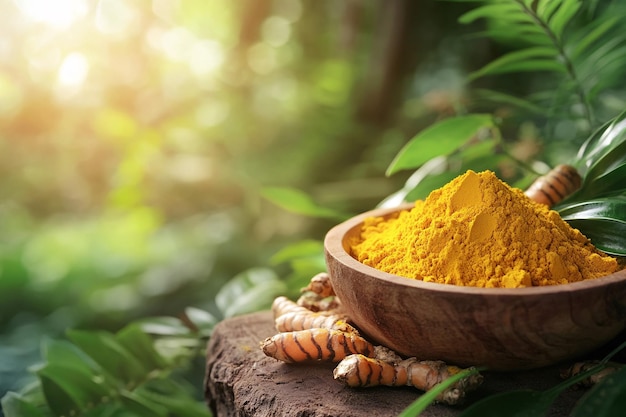 Photo a bowl of turmeric is on a tree branch