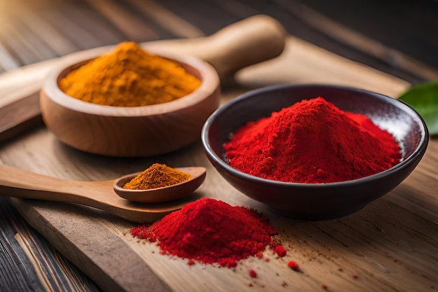 A bowl of turmeric powder next to a bowl of turmeric.