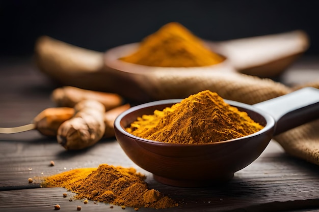 A bowl of turmeric powder sits on a table next to some turmeric and ginger.