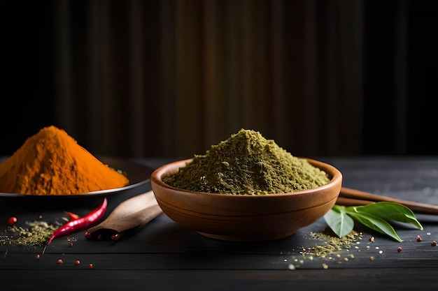 A bowl of turmeric powder sits on a wooden table.