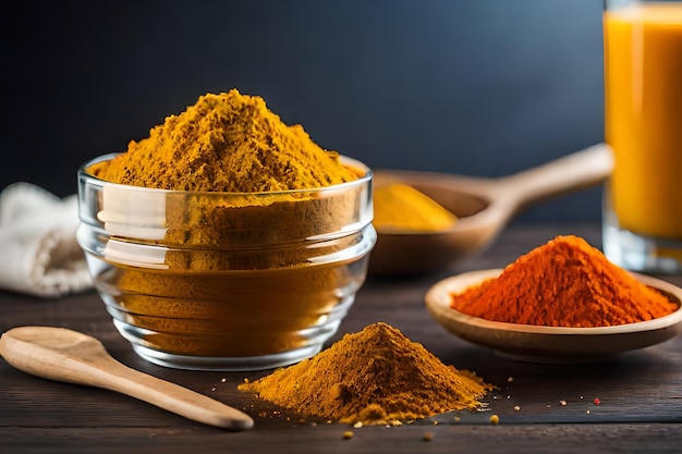 A bowl of turmeric powder next to two wooden spoons.