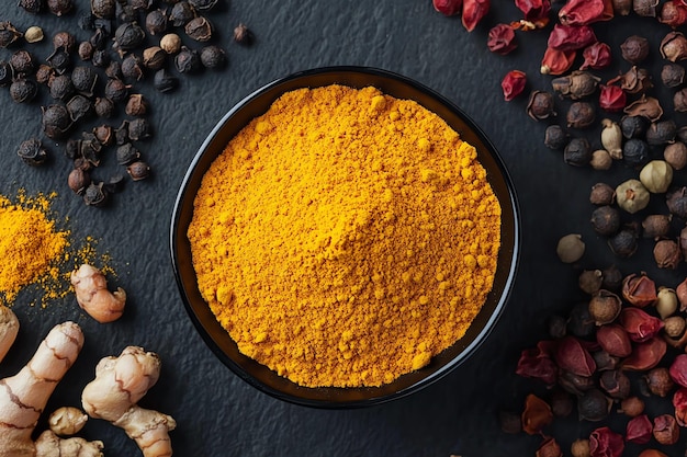 Photo a bowl of turmeric sits on a black surface