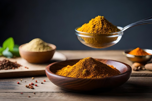 A bowl of turmeric sits next to a bowl of turmeric.