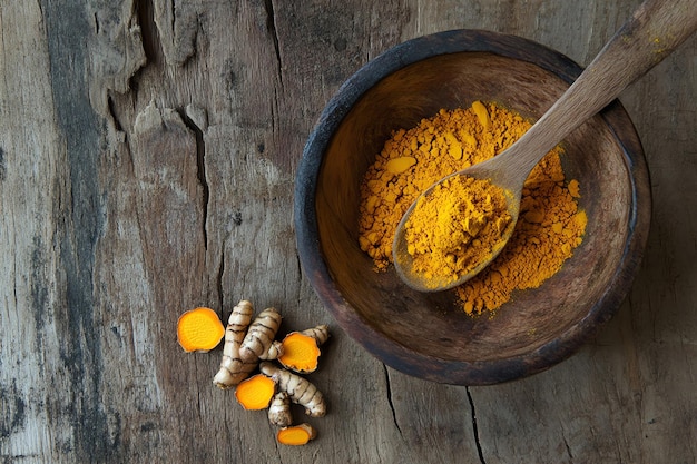 Photo a bowl of turmeric with a wooden spoon and some spices on a wooden table