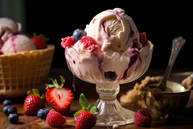 A bowl of vanilla ice cream with berries on top