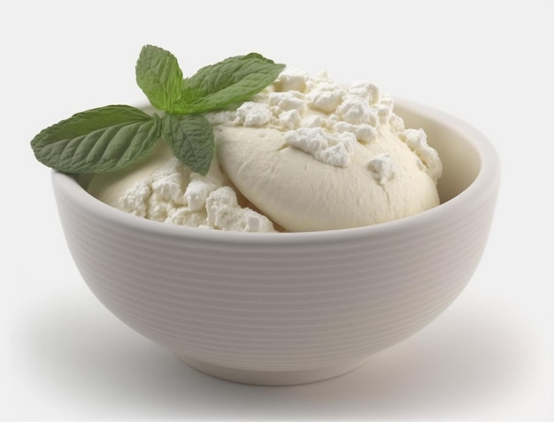 A bowl of vanilla ice cream with a sprig of mint on top.