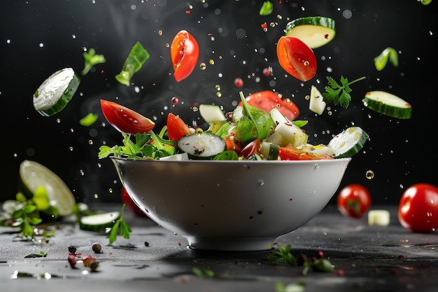 Photo bowl of vegetable salad with flying vegetables and oil drops