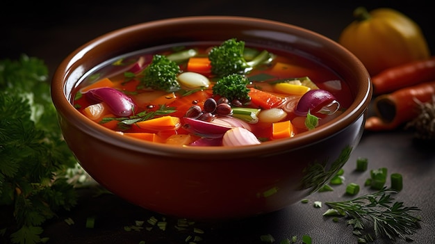 A bowl of vegetable soup with a sprig of parsley on the side.