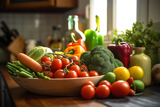 A bowl of vegetables on a counter with a bowl of vegetables on it