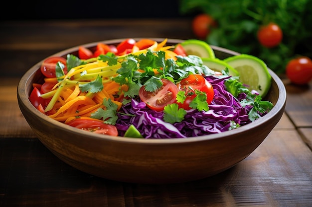 a bowl of vegetables and a fork on a table On the table there is a bowl filled with various vegetables accompanied by a fork