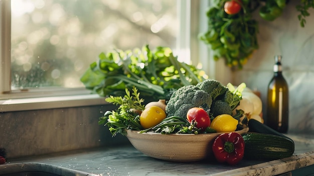 a bowl of vegetables and fruits on a table