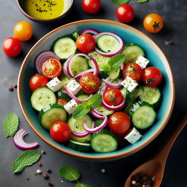 a bowl of vegetables including tomatoes cucumber and cucumber