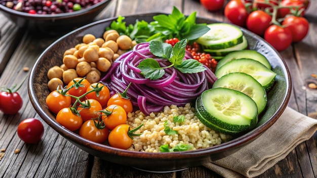 Photo a bowl of vegetables including tomatoes onions and rice