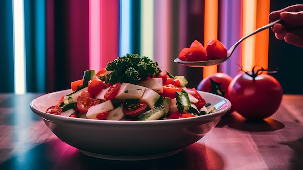 a bowl of vegetables and salad with a spoon