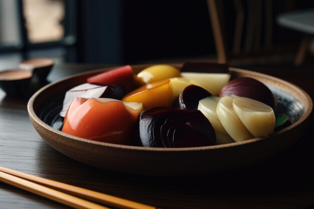 A bowl of vegetables on a table with chopsticks and a plate of chopsticks.