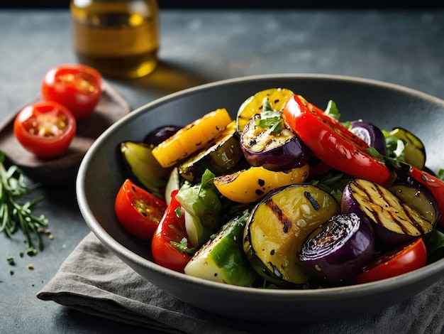 a bowl of vegetables with a bottle of beer next to it