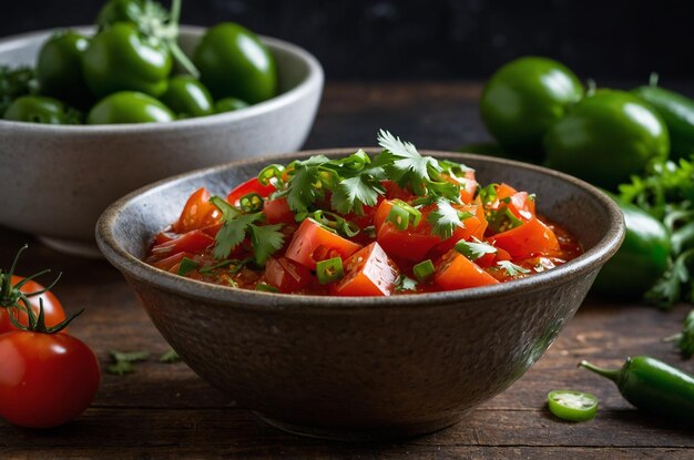 Photo a bowl of vegetables with a bowl of chopped peppers