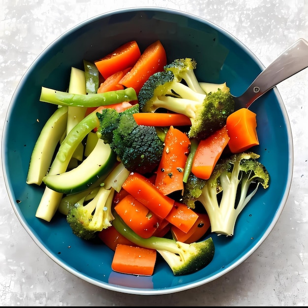 A bowl of vegetables with a fork in it that says broccoli