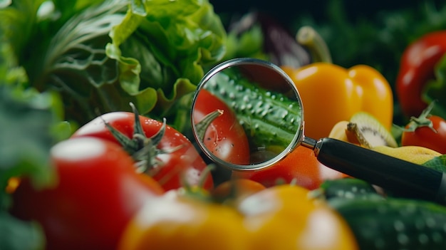 a bowl of vegetables with a magnifying glass on top