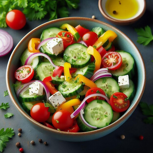 a bowl of vegetables with a salad of cucumber tomatoes and cucumber