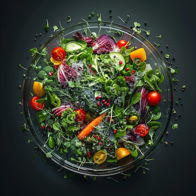 a bowl of vegetables with water splashing on it