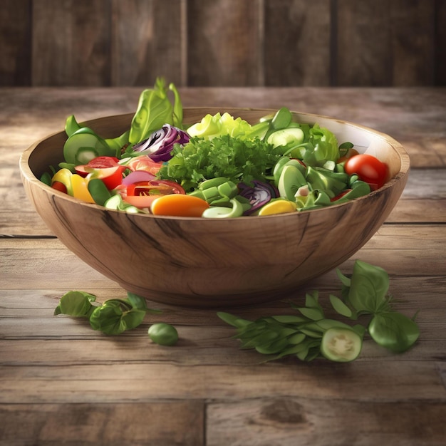 a bowl of vegetables with a wooden background with a wooden background