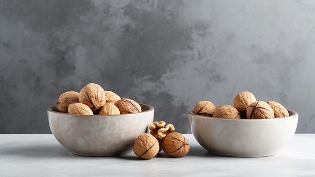 bowl of walnuts on grey background