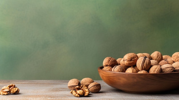 bowl of walnuts on grey background