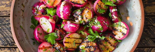 Photo a bowl of warm caramelized grilled radishes drizzled with a tangy yogurt sauce