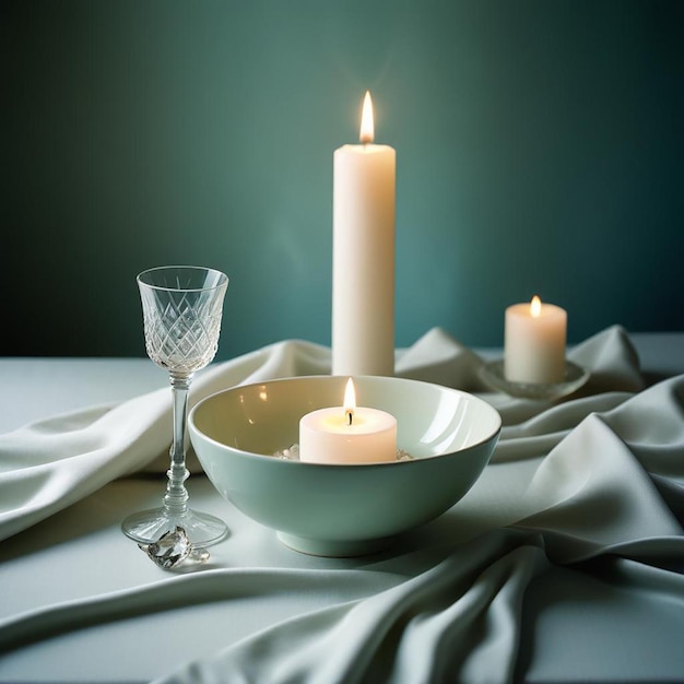 Photo a bowl of water and a candle on a table with two candles