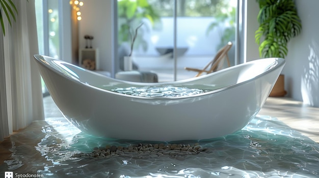 a bowl of water sits on a table with a glass door in the background