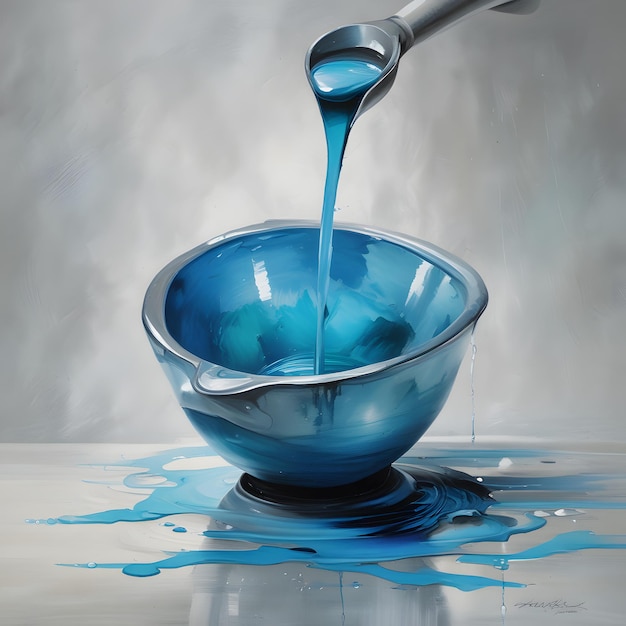 Photo a bowl of water with person with a pan blue water pouring into a glass blue colour pouring